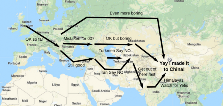 Cycilng through Eurasia isn't so simple: wars, governments, and mountains get in your way